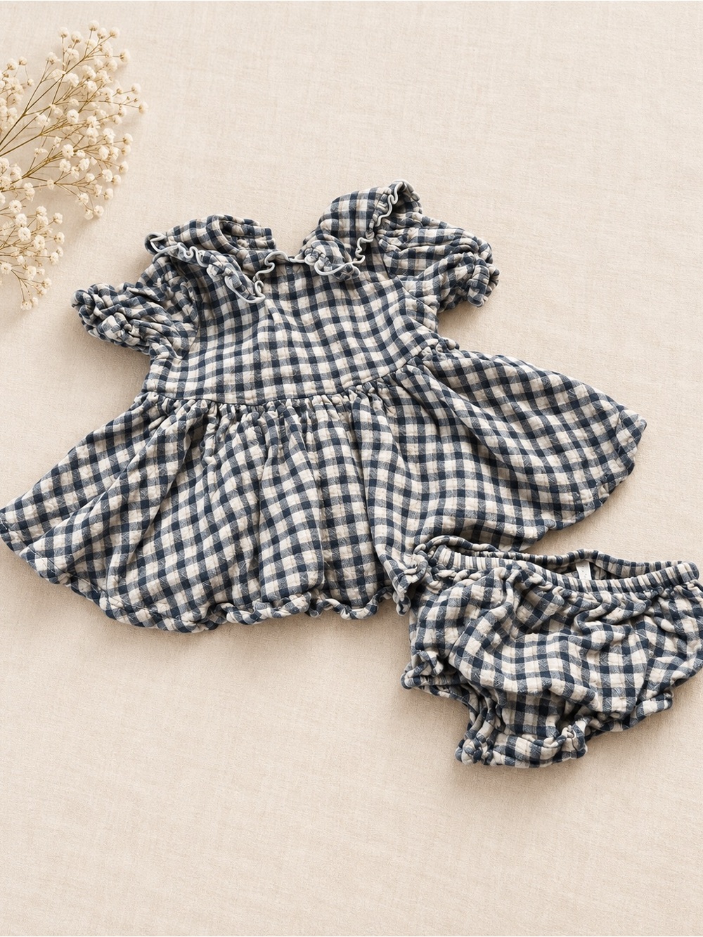 Rylee + Cru Gingham Ruffle Dress & Bloomer Set Blue Cream 3-6M 100% Cotton